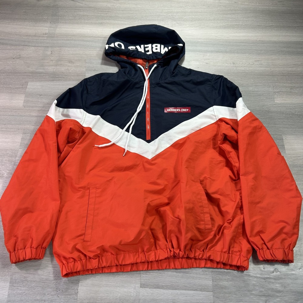 Members Only Jacket Mens Large Orange Hooded 1/4 Zip Windbreaker Lined AM020007X